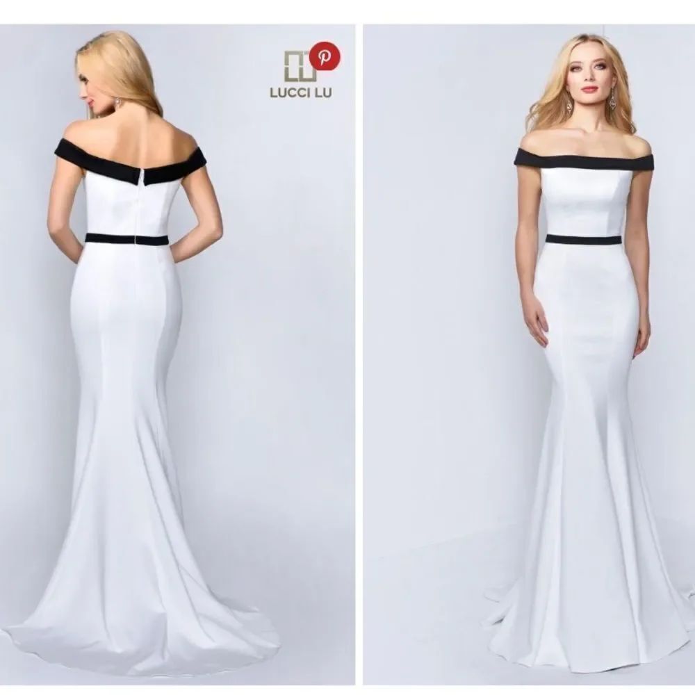 NEW Lucci Lu 8197 white black off the shoulder mermaid maxi gown dress 2